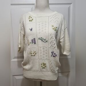 Vintage Alicia Women Square Sleeve Sweater Pastel Geometric Knit-Coastal Grandma